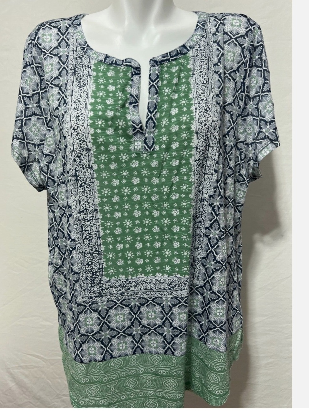 Lucky Brand Boho Knit Mix-Print Split-Neck Top.